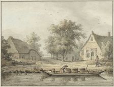Landscape with a moored barge with barrels, 1756-1826. Creator: Cornelis Buys