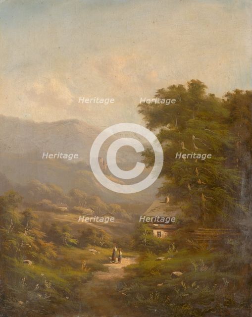 Landscape with a mountain road and castle ruins, 1830-1850. Creator: K. Hermann.