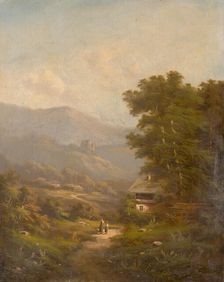 Landscape with a mountain road and castle ruins, 1830-1850. Creator: K. Hermann