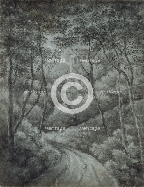 Landscape with a Path through a Forest and a classical Temple, late 18th century.. Artist: John Baptist Malchair.