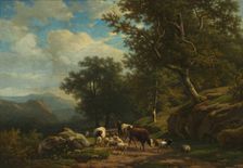 Landscape with a Peasant and His Flock, c. 1850 - 1859. Creator: Alexander Joseph Daiwaille (Dutch, 1818-1888); Eugène Joseph Verboeckhoven (Belgian, 1798-1881), and