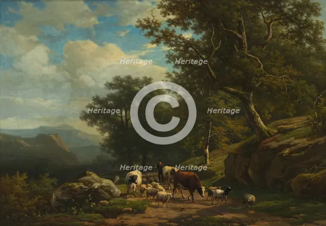 Landscape with a Peasant and His Flock, c. 1850 - 1859. Creator: Alexander Joseph Daiwaille (Dutch, 1818-1888); Eugène Joseph Verboeckhoven (Belgian, 1798-1881), and.