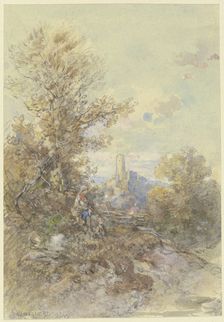 Landscape with a peasant woman, child, and the Eppstein ruins, 1892. Creator: Anton Burger