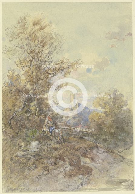 Landscape with a peasant woman, child, and the Eppstein ruins, 1892. Creator: Anton Burger.