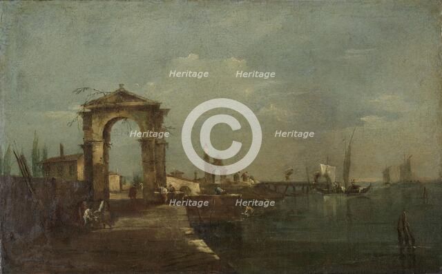 Landscape with a Quay and Ships on a Lake, 1760-1780. Creator: Francesco Guardi.