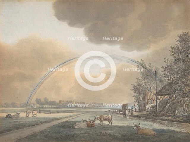 Landscape with a Rainbow over a Farmhouse and Distant Village, n.d.. Creator: Vincent Jansz. van der Vinne.