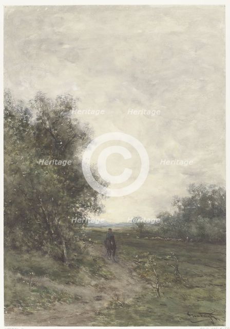 Landscape with a rider and a herd of sheep with shepherd, 1856-1892. Creator: Jan Vrolijk.