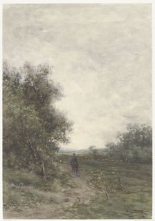 Landscape with a rider and a herd of sheep with shepherd, 1856-1892. Creator: Jan Vrolijk