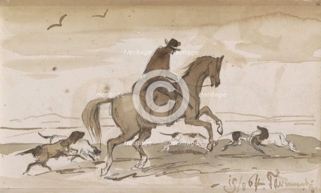 Landscape with a rider and running dogs, 1864. Creator: Johannes Tavenraat.