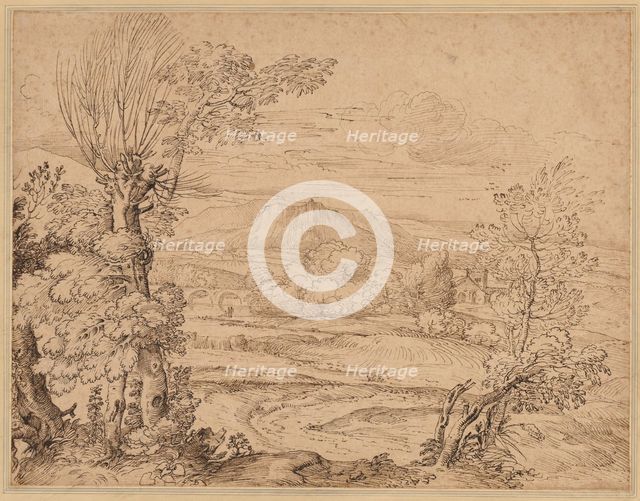 Landscape with a River and Aqueduct, mid 1600s. Creator: Giovanni Francesco Grimaldi (Italian, 1606-1680).