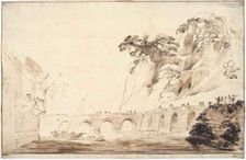 Landscape with a River Crossed by a Bridge, Lined with Spectators, Leading to a..., c.1630. Creator: Guercino