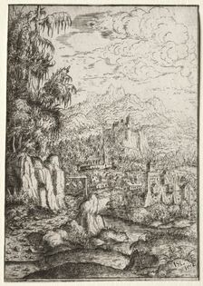 Landscape with a Road to a Castle on an Island in a River, 1554. Creator: Hanns Lautensack (German, 1524-1566)