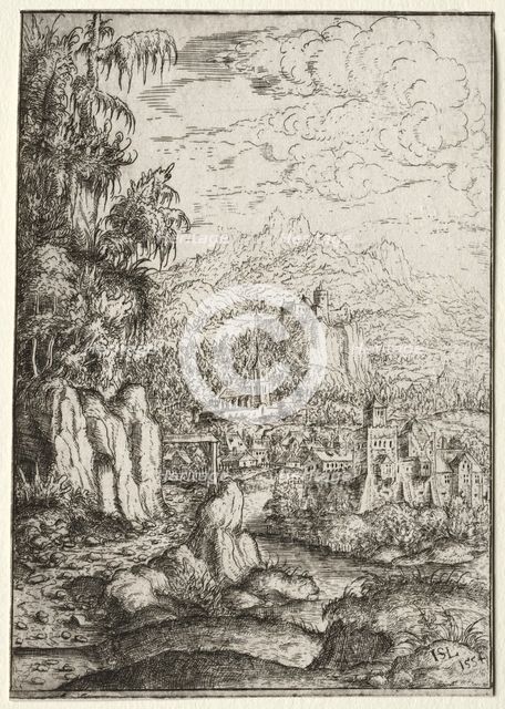 Landscape with a Road to a Castle on an Island in a River, 1554. Creator: Hanns Lautensack (German, 1524-1566).