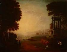 Landscape with a Sea Bay and Ancient Buildings, 1840. Creator: Jan Wolanski