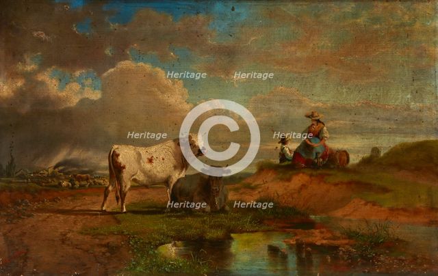 Landscape with a Shepherdess and Cattle, 4th quarter of 19th century. Creator: Eduard Hamman.