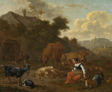Landscape with a Spinner and Cattle, late 17th century. Creator: Dirk van Bergen