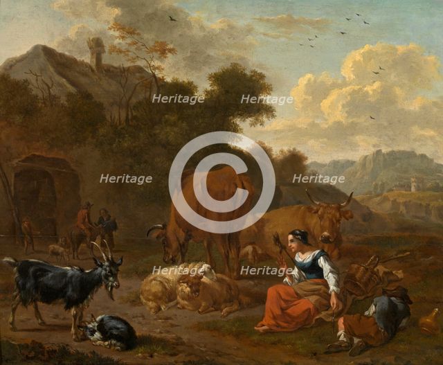 Landscape with a Spinner and Cattle, late 17th century. Creator: Dirk van Bergen.