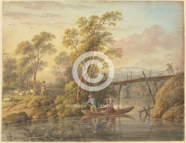 Landscape with a stream spanned by a wooden bridge, 18th century. Creator: Carl Philipp Schallhas.