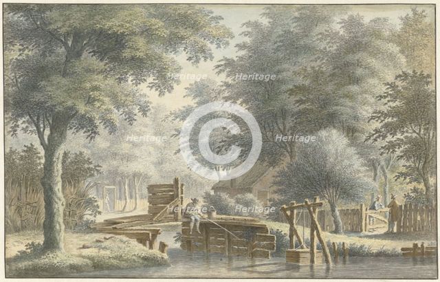 Landscape with an angler on a bridge, 1763. Creator: Gerard van Rossum.