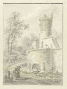 Landscape with an angler and a woman near a fortress tower, 1838. Creator: Pieter Barbiers