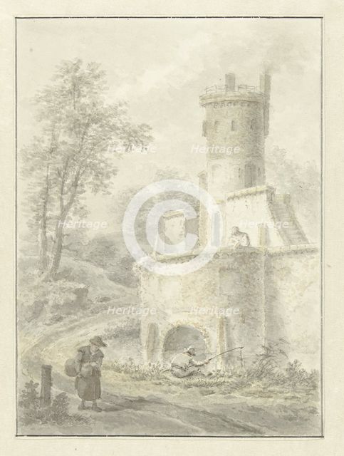 Landscape with an angler and a woman near a fortress tower, 1838. Creator: Pieter Barbiers.