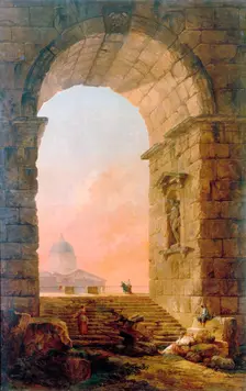 Landscape with an Arch and the St. Peter's Basilica in Rome 1773. Creator: Robert, Hubert (1733-1808)