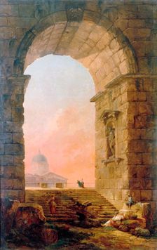 Landscape with an Arch and the St. Peter's Basilica in Rome 1773. Creator: Robert, Hubert (1733-1808)