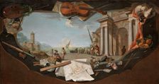 Landscape with an architectural view surrounded by trompe-l’oeil elements symbolising the Arts,c1779 Creator: Charles Joseph Flipart