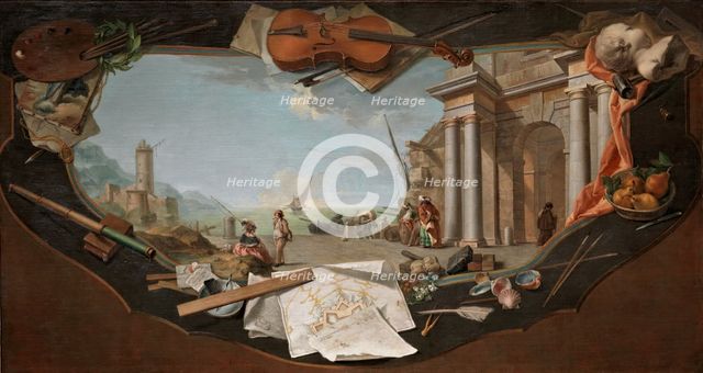 Landscape with an architectural view surrounded by trompe-l’oeil elements symbolising the Arts,c1779 Creator: Charles Joseph Flipart.