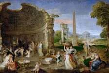 Landscape with antique ruins and bathing women