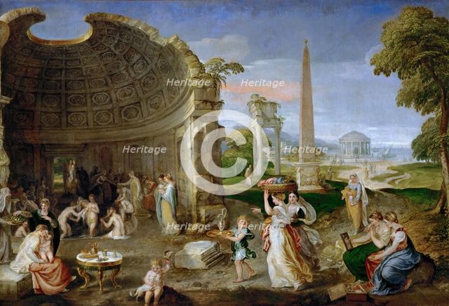 Landscape with antique ruins and bathing women.