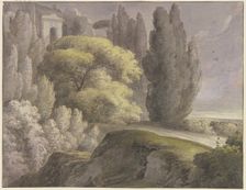 Landscape with ancient buildings among tall trees, 18th century. Creator: Franz Kobell