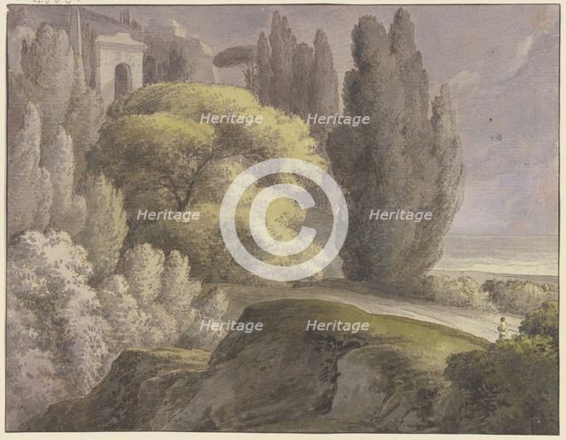 Landscape with ancient buildings among tall trees, 18th century. Creator: Franz Kobell.