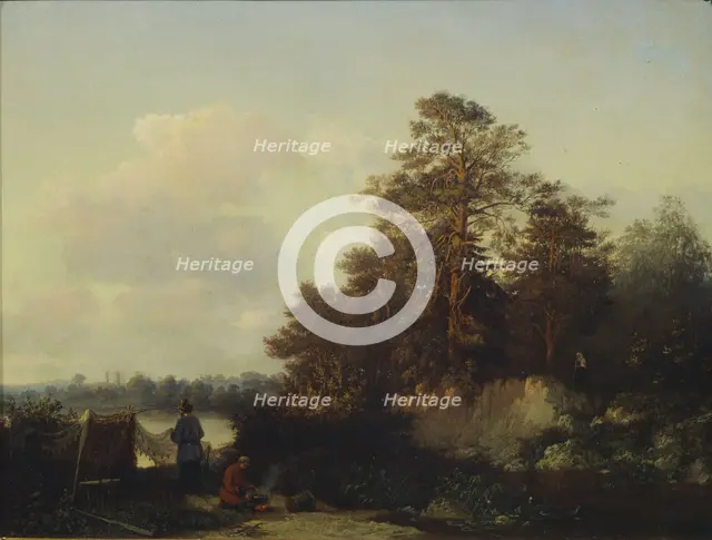 Landscape with Anglers, 1852. Artist: Kamenev, Valerian Konstantinovich (1823-1874)
