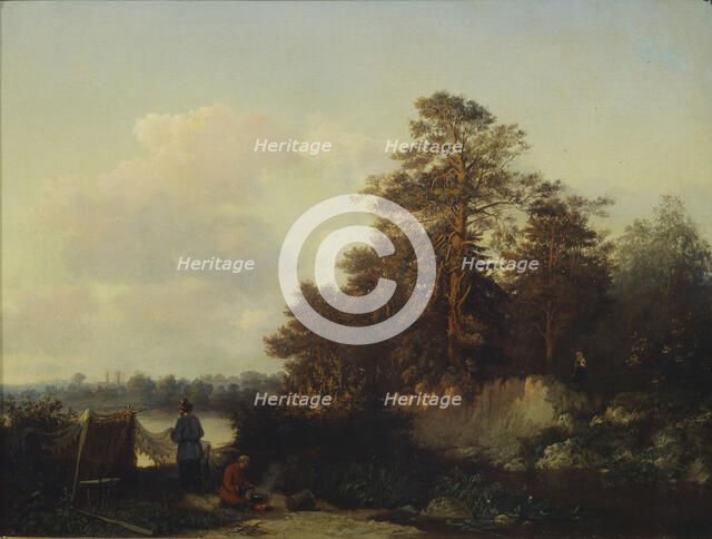 Landscape with Anglers, 1852. Artist: Kamenev, Valerian Konstantinovich (1823-1874)