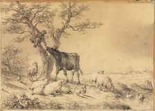 Landscape with Animals and Boy in Tree, 1866. Creator: Eugène Joseph Verboeckhoven (Belgian, 1798-1881)