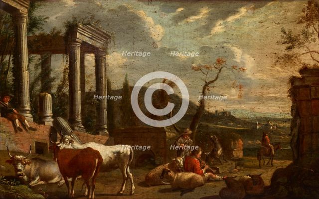 Landscape with Animals and Temple Ruins, 1st half of 18th century. Creator: Michiel Carree.