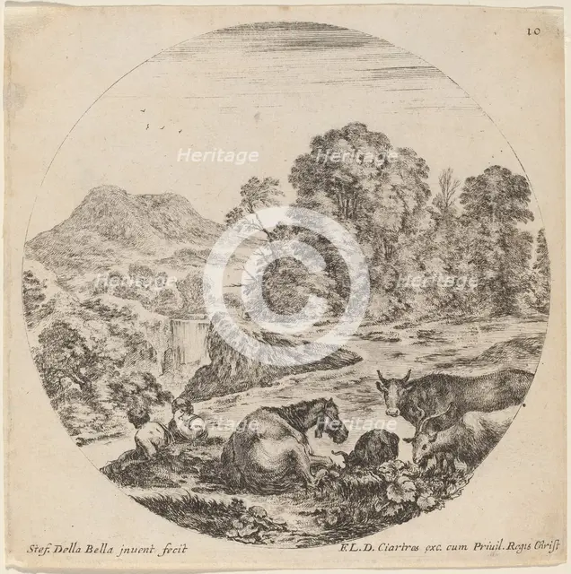 Landscape with Animals and Two Seated Shepherds, 1646. Creator: Stefano della Bella.