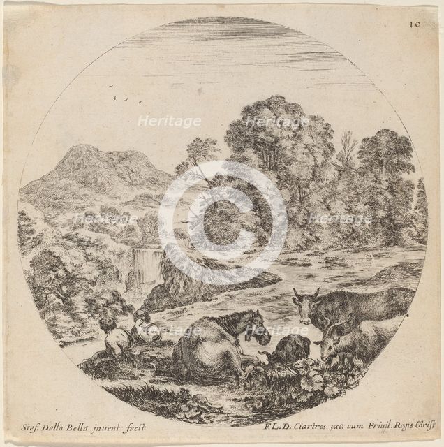 Landscape with Animals and Two Seated Shepherds, 1646. Creator: Stefano della Bella.