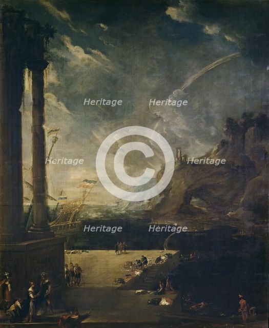 Landscape with Aeneas Departing from the Port of Carthage, c1700. Creator: Benito Manuel Aguero.