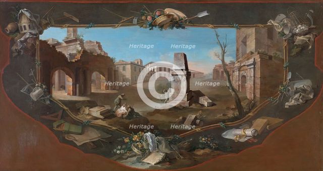 Landscape with architectural perspective and a broken obelisk, surrounded by decorative..., c1779. Creator: Charles Joseph Flipart.