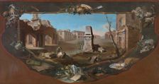 Landscape with architectural perspective and a broken obelisk, surrounded by decorative..., c1779. Creator: Charles Joseph Flipart