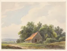 Landscape with barn and in the distance a shepherd with sheep, 1797-1870. Creator: Andreas Schelfhout