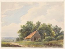 Landscape with barn and in the distance a shepherd with sheep, 1797-1870. Creator: Andreas Schelfhout