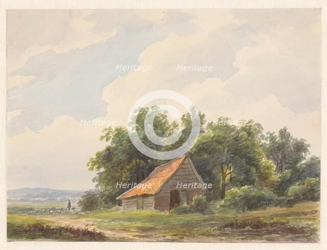 Landscape with barn and in the distance a shepherd with sheep, 1797-1870. Creator: Andreas Schelfhout.