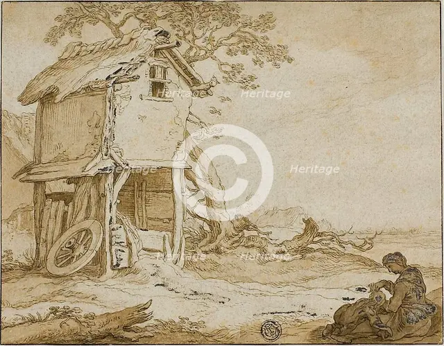 Landscape with Barnstable, Seated Woman, and Child, n.d. Creator: Esaias van de Velde.
