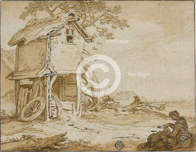 Landscape with Barnstable, Seated Woman, and Child, n.d. Creator: Esaias van de Velde.