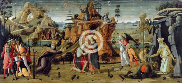 Landscape with biblical scenes and legends of the saints. Artist: Jacopo del Sellaio (1442-1493)