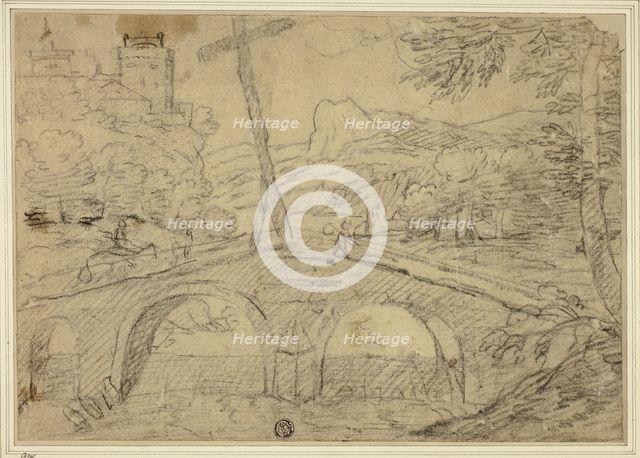 Landscape with Bridge (with Cross) over Gorge, with Mountains and Castle in Distance, n.d. Creator: Unknown.