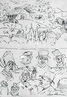 Landscape with Building (top) and Caricature Head Studies (bottom), 1874. Creator: Louis Sullivan